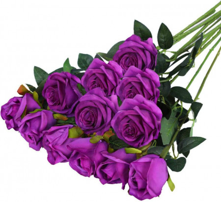 Set de 12 trandafiri artificiali Hawesome, matase/plastic, violet/verde, 52 x 7 cm - Img 1