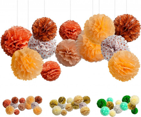 Set de 15 pompoane Balloono, hartie, portocaliu/alb, 20/25/30 cm