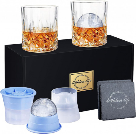 Set de 2 pahare pentru whisky, 2 forme penstru gheata si 2 suporturi Lighten Life, sticla/plastic, transparent/albastru, 286 ml