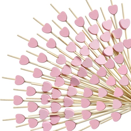 Set de 200 bete cu inimioare pentru cocktail Augoog, bambus, natur/roz, 12 cm