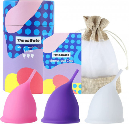 Set de 3 cupe menstruale TimesGate, silicon, roz/alb/mov, 66 x 48 mm - Img 1