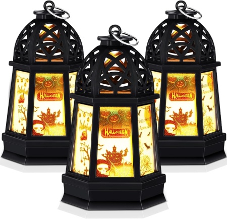 Set de 3 felinare pentru Halloween Weewooday, LED, metal/plastic, negru, 7,3 x 13 cm