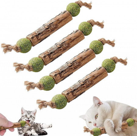 Set de 4 betisoare pentru pisici Sunshine, lemn, natur/verde, 12 cm - Img 1