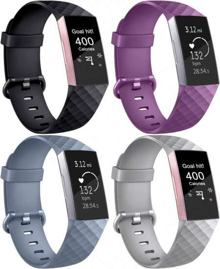 Set de 4 bratari de inlocuire pentru Fitbit Charge 3 AK, TPU, negru/gri/albastru/violet, 140 - 180 mm