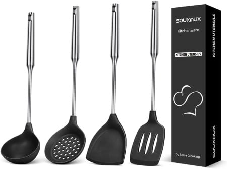 Set de 4 ustensile pentru bucatarie SouxMux, silicon/otel inoxidabil, negru/argintiu