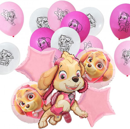 Set de baloane pentru petrecere copii MEZHEN, latex/folie, model Paw Dog Patrol, roz/alb, 20 piese - Img 1