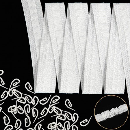 Set de banda cu 100 de carlige pentru perdele WILLBOND, plastic/textil, alb, 10 m x 2,5 cm / 2,8 x 1,2 cm