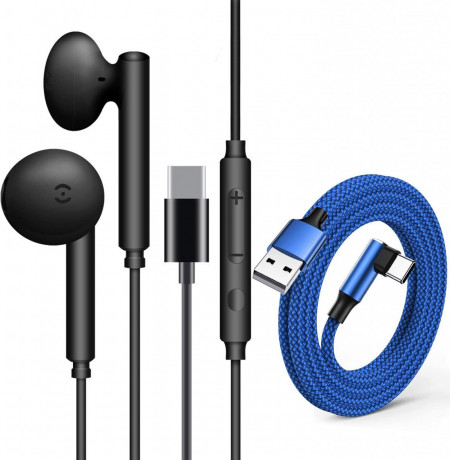 Set de casti USB-C cu microfon incorporat si cablu USB ZJXD, plastic/nailon/metal, albastru/negru