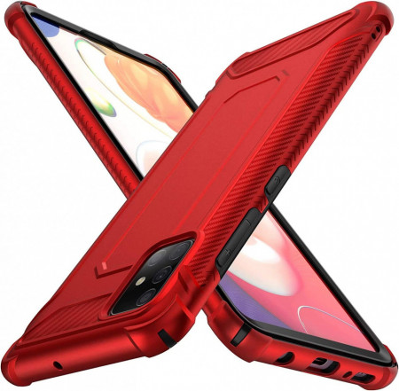 Set de husa cu doua folii de protectie ecran pentru Galaxy A51 Oretech, sticla securizata/TPU, rosu/transparent, 6,5 inchi - Img 1