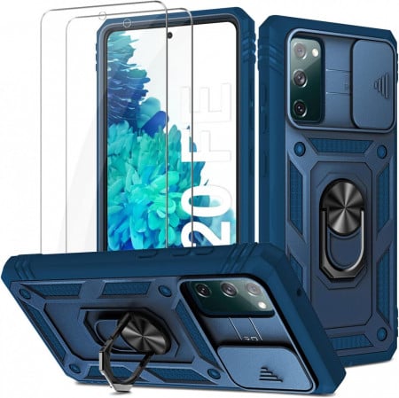 Set de husa si 2 folii de protectie pentru Samsung Galaxy S20 FE 5G/4G/2022 YNMEacc, poliuretan/sticla securizata, transparent/albastru, 6,5 inchi
