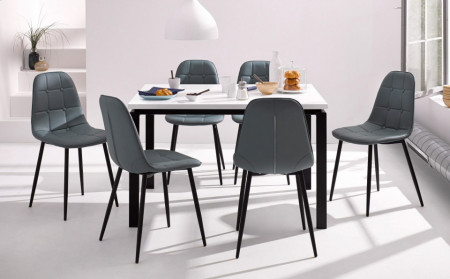 Set de living Sabine/Luna 4 scaune si o masa din lemn/metal/piele sintetica, gri/alb - Img 1