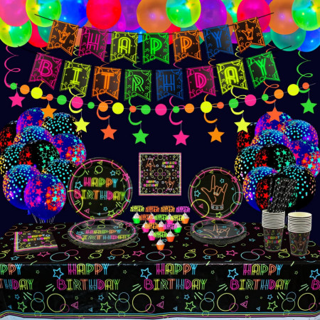 Set de petrecere cu 60 de accesorii fluorescente Osugin, latex, hartie, multicolor - Img 1