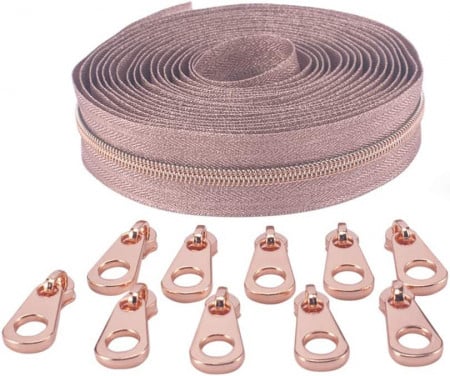 Set de rola cu fermoar si 10 glisoare, rose, nailon/metal, 5 m - Img 1