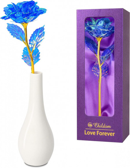 Set de trandafir cu vaza Childom, plastic, albastru/auriu, 25 cm