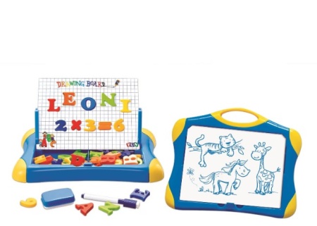 Set educativ cu tablita de scris magnetica, cu litere si cifre incluse, marker special si burete, 2 fete de scris si suport pastrare accesorii, 48 piese