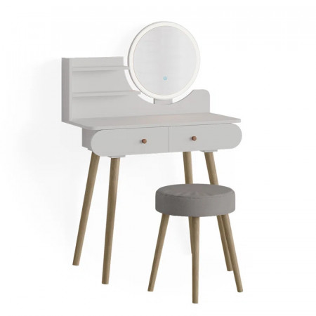 Set masuta de toaleta cu oglinda si taburet Alaniz, lemn/metal/sticla, alb/natur/gri
