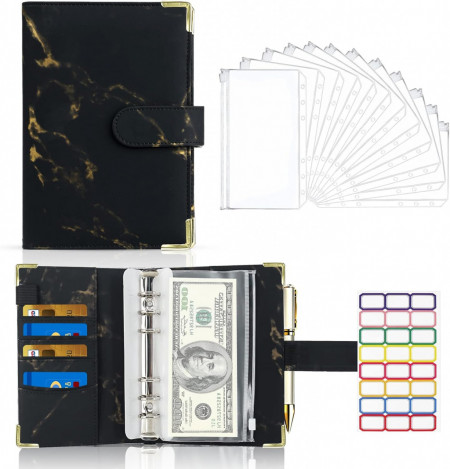 Set organizator pentru bani/carduri, 12 folii si 24 etichete VANVENE, piele ecologica/plastic/hartie, multicolor, A6