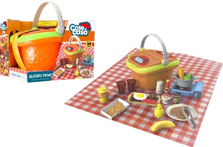 Set tematic de joaca pentru copii, Cos cu alimente pentru picnic, Globo, 24 piese incluse, mini aragaz si oala pentru mancare, fructe, legume, suprafata de joc in carouri rosii, +2 ani