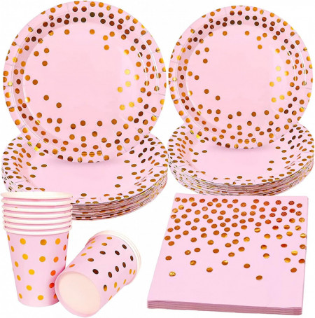 Set vesela pentru petrecere Jlngthong, 40 piese, carton, roz/auriu