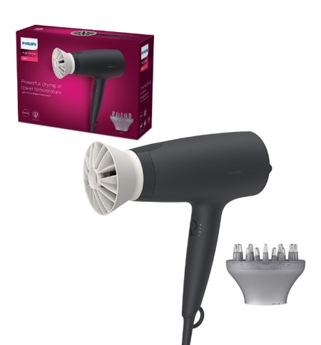 Uscator de par Philips BHD302/30, 1600W, accesoriu Thermo Protect, 3 setari de temperatura, difuzor, Negru, Resigilat, Grad A