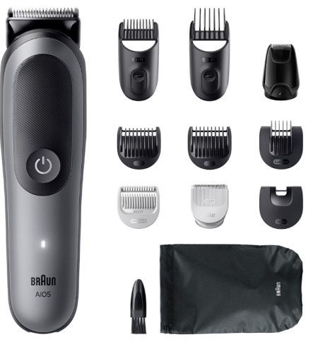 Aparat de tuns multifunctional Braun All-in-One Seria 5 AIO5560, 11-in-1, Lama ultra ascutita, 7 Piepteni, 1 Mini Cap de ras, 1 Cap tuns SkinGuard, 1 Perie de curatare, 1 Saculet, AquaGrip pentru control sub dus, Autonomie 120 minute, Resigilat, Grad A - Img 1