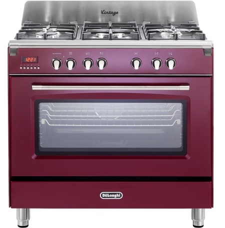Aragaz profesional DELONGHI, 5 arzatoare, Gaz + Electric, L 90 cm, Grill, rosu bordeaux, cu ambalaj deteriorat