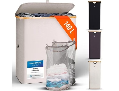 Coș de rufe Hennez,textil/lemn 140 l, Bej, 2 compartimente, resigilat