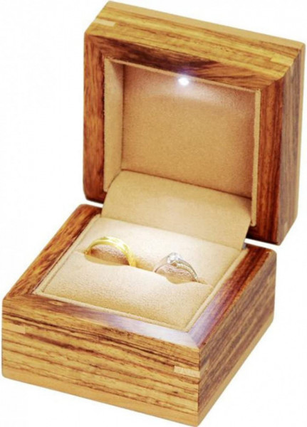 Cutie pentru inel Insun, LED, lemn/catifea, maro deschis, 8 x 8 x 6 cm