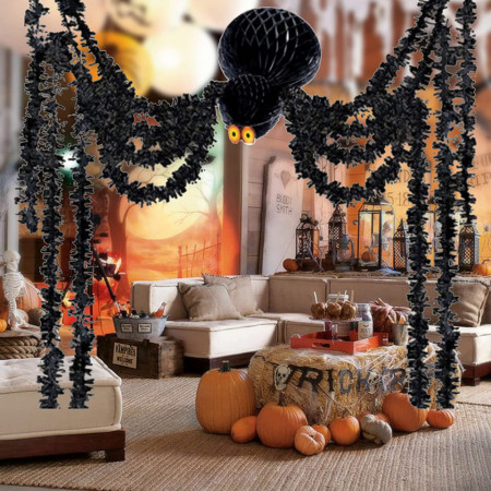 Decoratiune paianjen de Halloween Qpout, textil, negru, 1 x 30 cm/ 1 x 20 cm / 8 x 2 m - Img 1