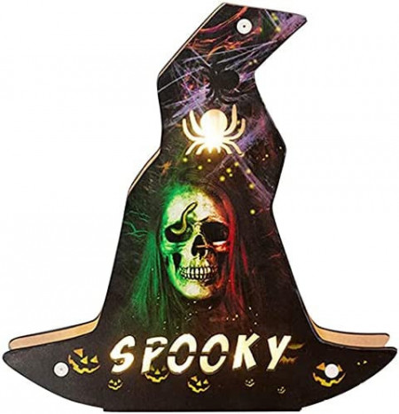 Decoratiune pentru Halloween, LED, model palarie, lemn, multicolor, 23 x 23,5 cm