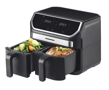 Friteuza dubla cu aer cald Heinner Double Master HAF-KDB1700BK, 8.5L, 1700W, doua cosuri detasabile antiaderente, tehnologie de circulare rapida a aerului, display digital cu control Touch, 11 programe presetate, 80-200 grade, RESIGILATA, 1 AN GARANTIE