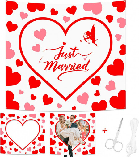 Fundal pentru nunta cu foarfece HOWAF, poliester, inima, alb/rosu, 2 x 1,8 m