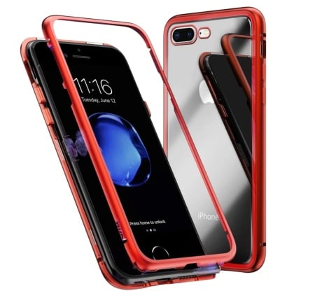 Husa de protectie fata-spate pentru iPhone 7/iPhone 8 BelloCase, metal/sticla, rosu/transparent, 4,7 inchi