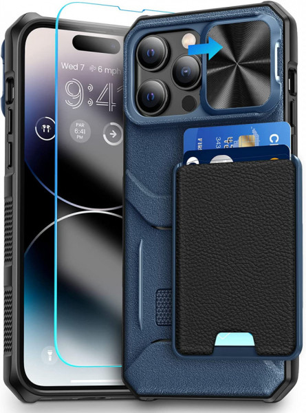 Husa de protectie slot pentru card glisant compatibila cu iPhone 14 Pro 5G 2022 HWeggo, policarbonat/poliuretan, albastru, 6,1 inchi - Img 1