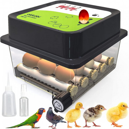 Incubator de 12 oua cu intoarcere automata afisaj al umiditatii si control temperatura Okköbi, plastic, negru/transparent, 19,5 x 24,3 x 26,4 cm