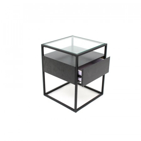 Masa laterala cu spatiu de depozitare Dilan, MDF/sticla/metal, gri/transparent, 50 x 40 x 40 cm