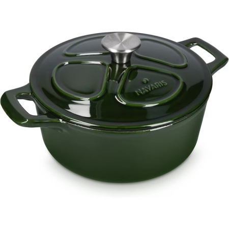 Oala fonta emailata Navaris, verde inchis, cu capac, pentru cuptor, plita, gaz, electric, cu inductie, cu infrarosu, 24 cm, 3.5 l, resigilat