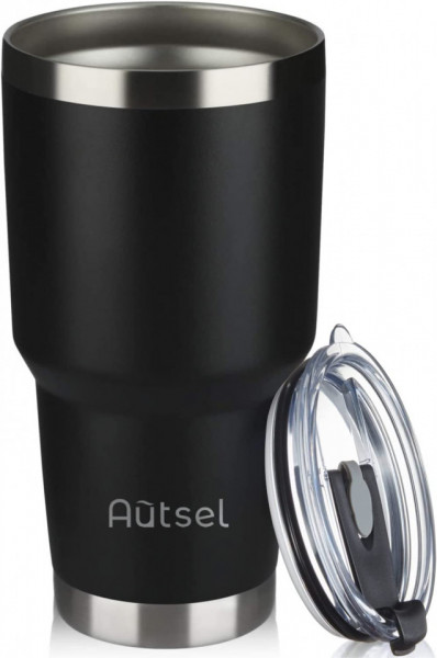 Pahar cu capac Autsel, otel inoxidabil, negru/argintiu, 900 ml