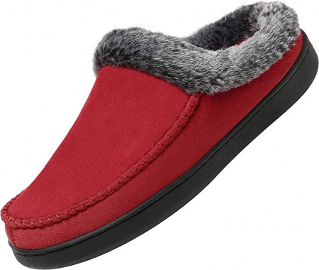 Papuci de iarna cu blana Mishansha, textil/cauciuc, rosu/gri, 40