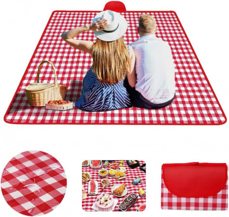 Patura de picnic Venga amigos, tesatura oxford, rosu/alb, 1,5 x 1,5 m