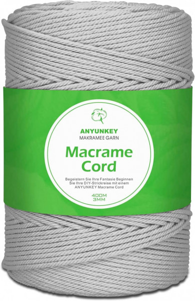 Rola de macrame pentru mestesuguri ANYUNKEY, bumbac, gri, 400m x 3 mm