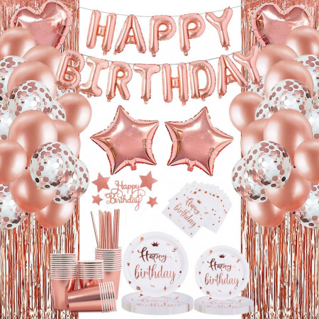 Set aniversar HusDow, folie/latex/hartie, rose/gold, 24 persoane