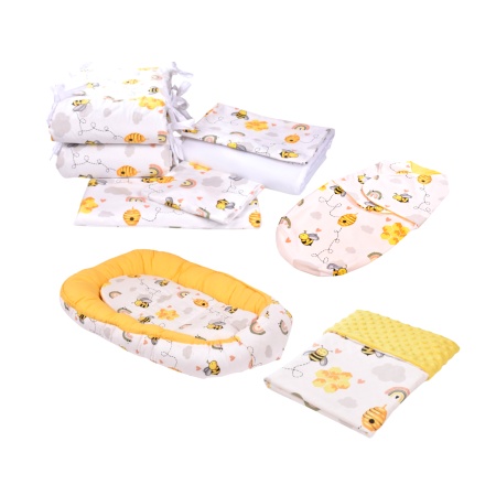 Set complet 10 piese lenjerie aparatori babynest paturica model albinute patut 120x60 cm