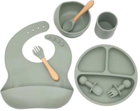 Set Complet Diversificare din Silicon, Farfurie cu Tacamuri, Bavetica, Cana-Pahar, Bol cu Lingura si Furculita, Olive