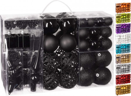 Set de 101 globuri pentru Craciun Brubaker, negru, plastic, 3,5 - 5,5 cm - Img 1