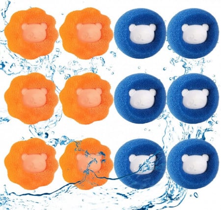 Set de 12 bile pentru indepartarea parului din masina de spalat Miotlsy, burete PU/PP, albastru/portocaliu, 6 x 6 cm