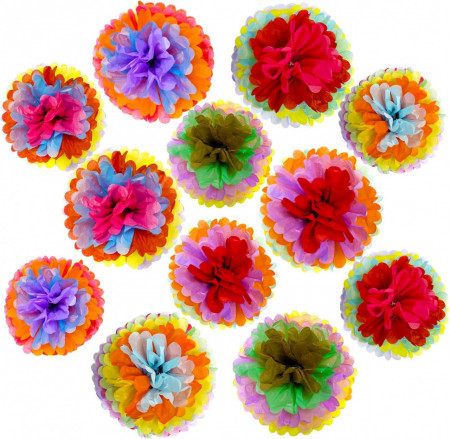 Set de 12 decoratiuni pompoms ZERODECO, hartie/poliester, multicolor, 30 x 15 cm / 35 x 17, 5 cm