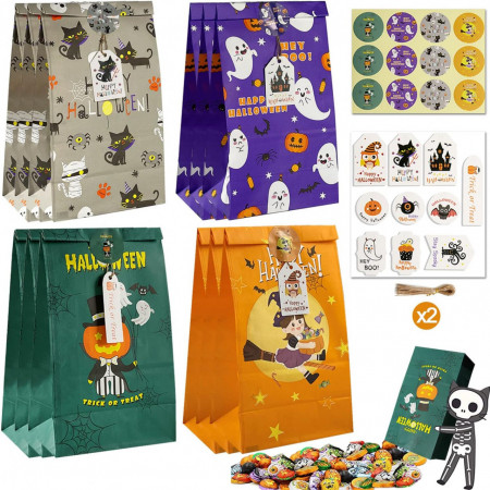 Set de 12 pungi de cadouri de Halloween FullJoyHut, hartie, multicolor, 23 x 12 cm