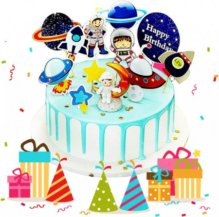 Set de 14 decoratiuni pentru tort OYSJ, model astronaut, carton, multicolor - Img 1
