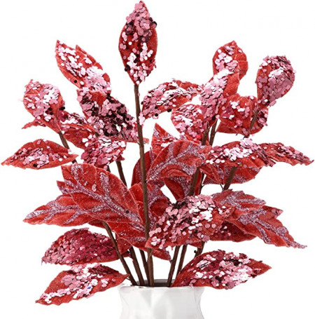 Set de 15 crengute cu frunze decorative Geosar, metal/matase, rosu/rose, 34 x 10 cm